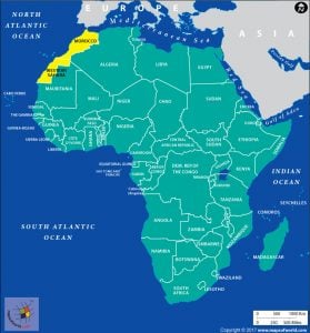 Map of Africa showing Western Sahara and Morocco