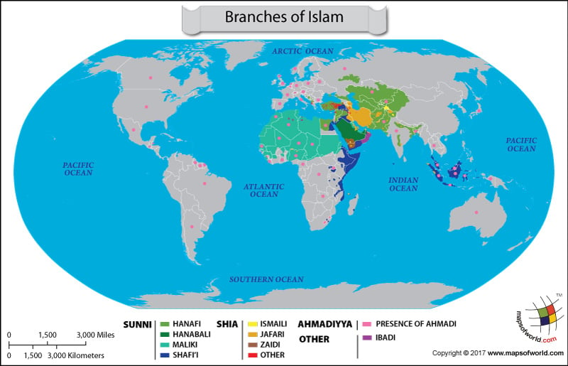 World Map – Presence of different branches of Islam in different countries