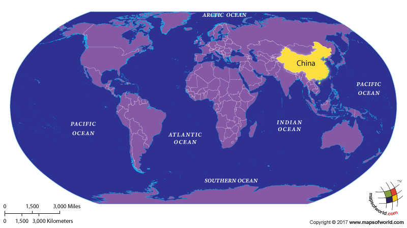 World map showing China the highest populated country