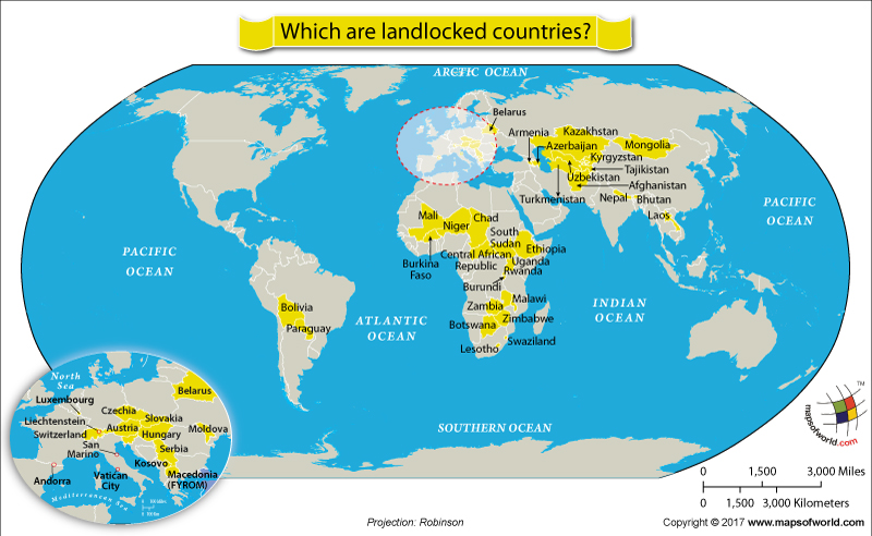 World Map showing Landlocked Countries