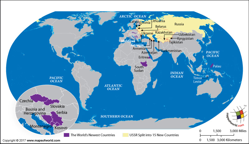 World Map showing the Newest Countries in the World