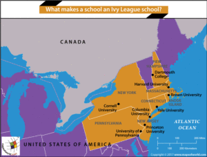 Location Map of the Ivy League Schools in the USA