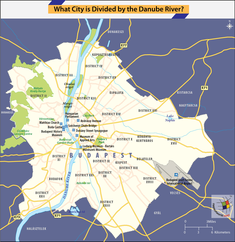 Map Highlighting River Danube Dividing Budapest