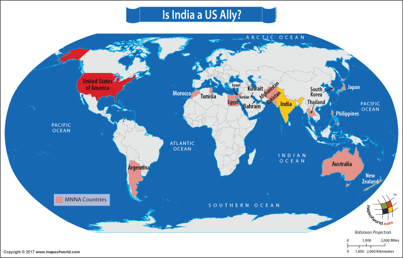World map showing US & its Allies and India