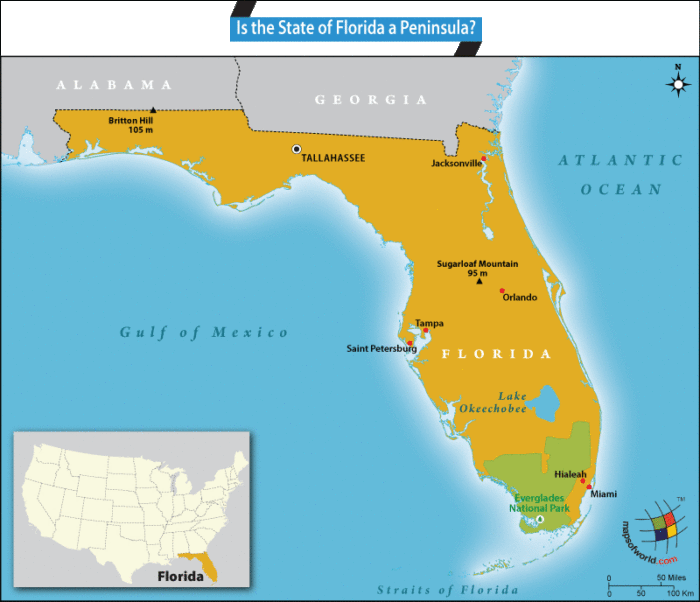 Map showing Florida, surrounded by water