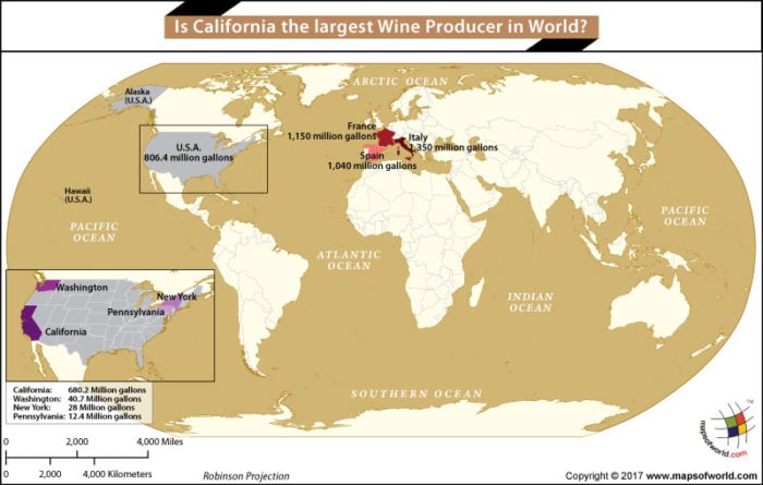 World Map showing the Largest Wine Producers in the World