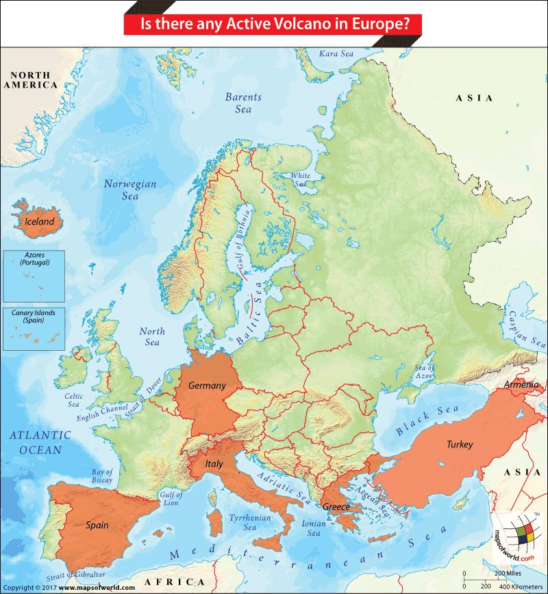 Europe Map highlighting countries having active volcanoes