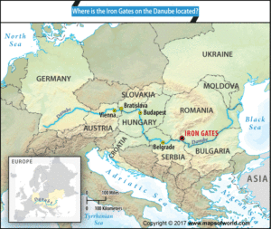 Map showing location of Iron Gates on Danube River