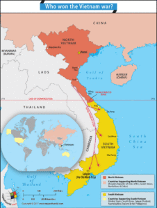 Map highlighting North and South Vietnam and marking countries involved in war