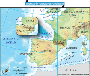 Location of Pyrenees Mountains in Southwestern Europe Map