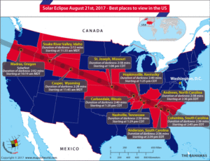US Map showing the places from where the solar eclipse of 2017 will be best viewed