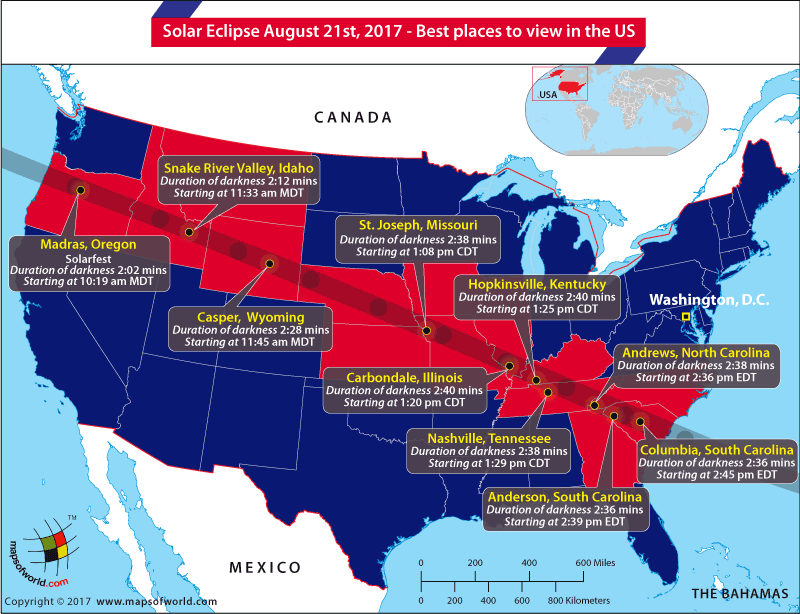 Map of US for best places to view Solar Eclipse 2017