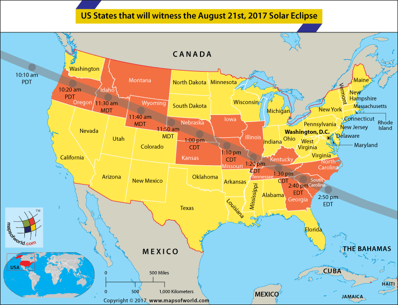US Map highlighting the states that will witness the 2017 Eclipse