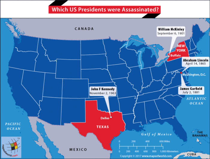 US map locating places where four US presidents were assassinated