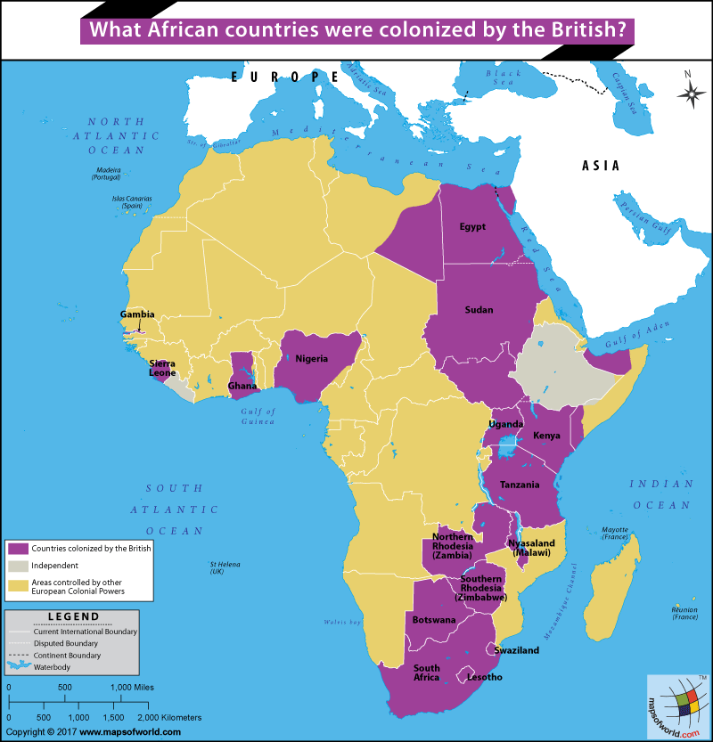 Africa Map highlighting the countries which were colonized by the British