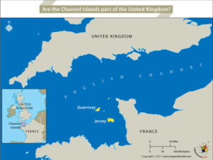 Map highlighting location of Channel Islands between UK and France