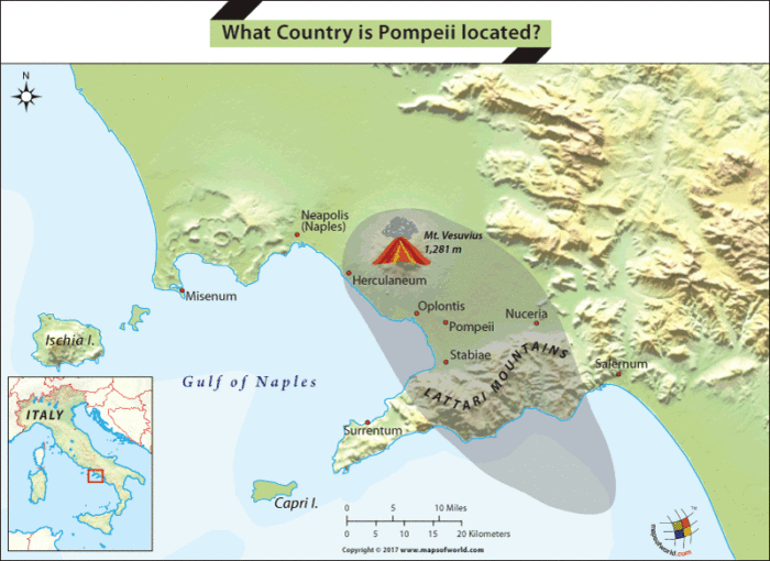 Map showing location of Pompaii and other important landmarks of Italy