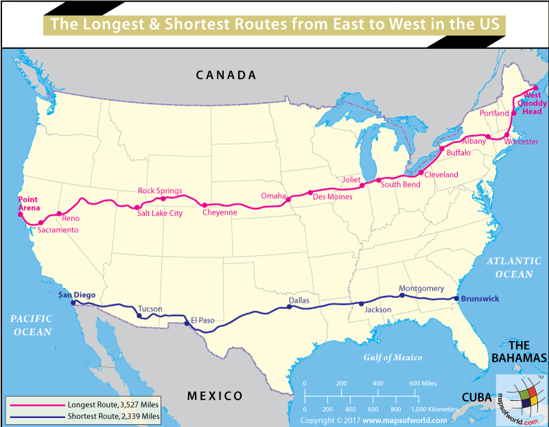 US map showing the longest and shortest routes from east to west