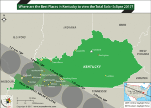 Map of Kentucky showing the places from where Total solar eclipse shall be visible