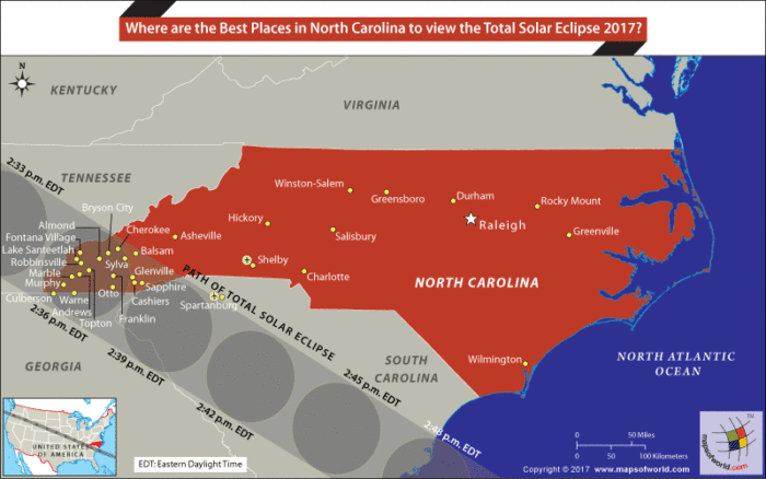 Map of North Carolina showing the places from where Total solar eclipse shall be visible