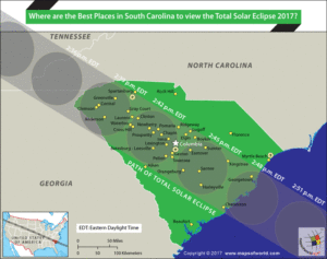 Map of South Carolina showing the places from where Total solar eclipse shall be visible