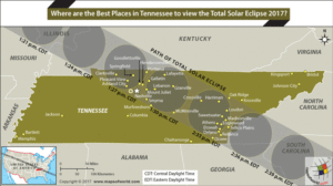 Map of Tennessee showing the places from where Total solar eclipse shall be visible