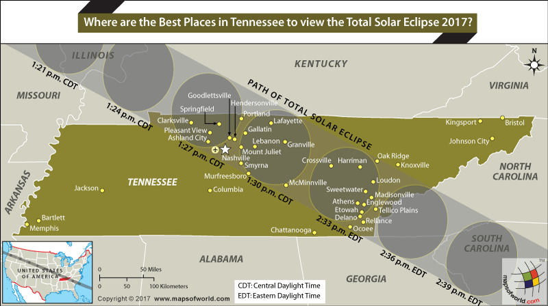Solar Eclipse 2017 Path Map of Tennessee