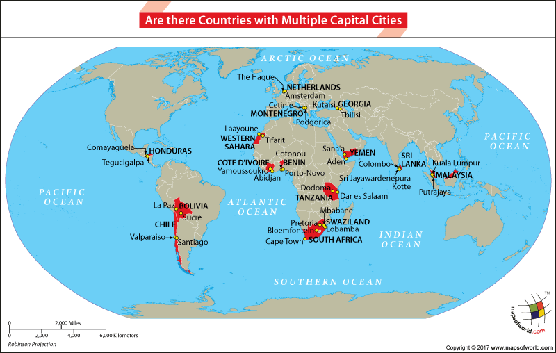 World map showing countries that have multiple capitals
