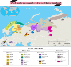 Map highlighting regions in Eurasia with native Uralic speakers