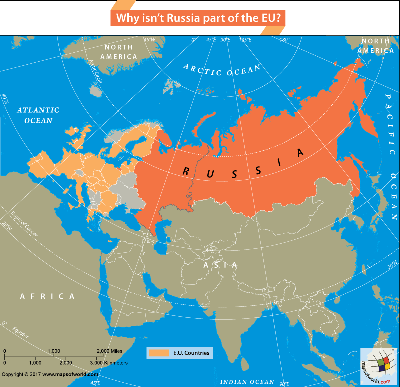 Map of Eurasia highlighting Russia & European Union