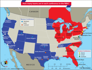 Map of US & Canada highlighting NBA team bases in each conference