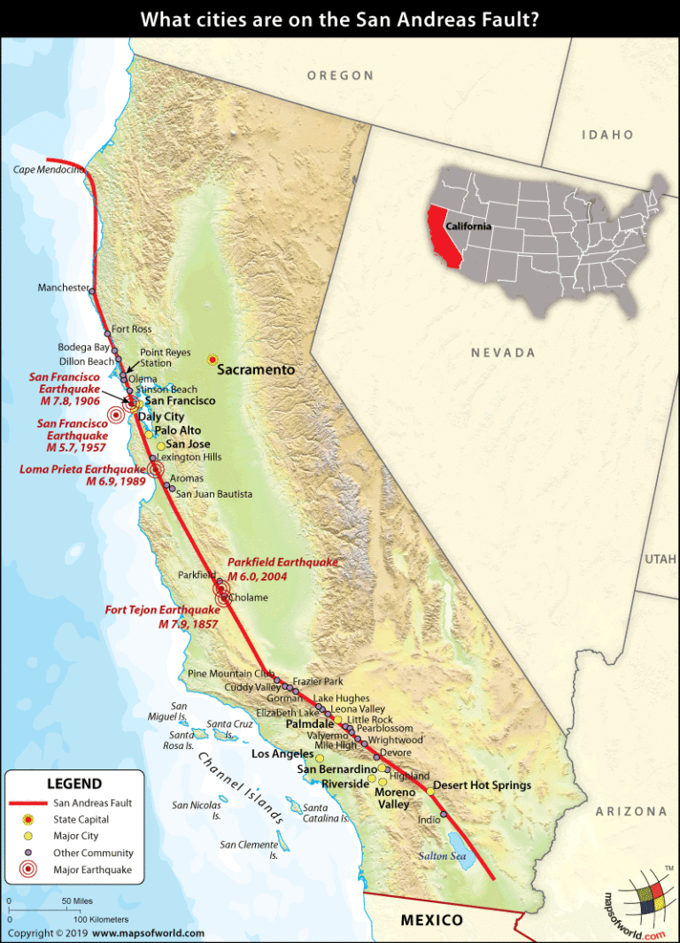 Map Showing Cities which are on the San Andreas Fault - Answers