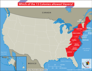 USA Map highlighting the 13 British colony states which practiced slavery