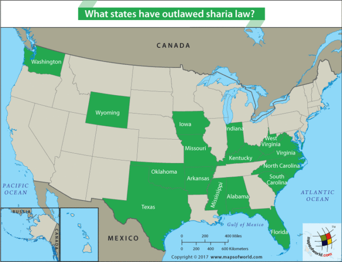 US Map highlighting states that have banned or restricted Sharia Law