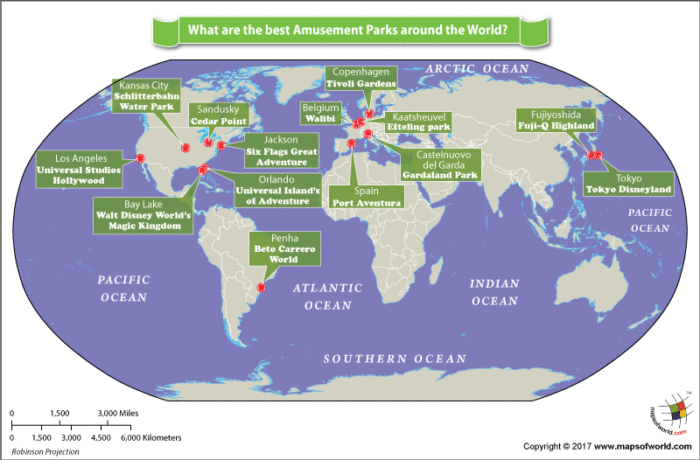 World map showing location of top amusement parks around the world