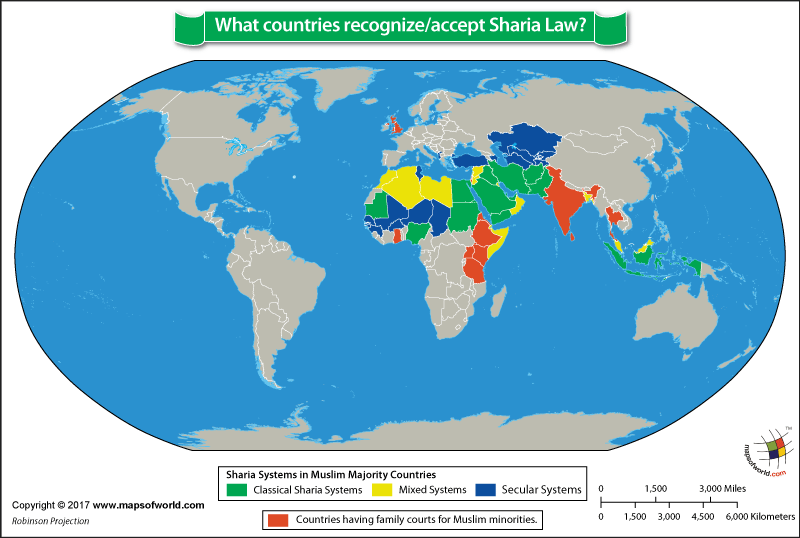 World map highlighting countries which recognize sharia law