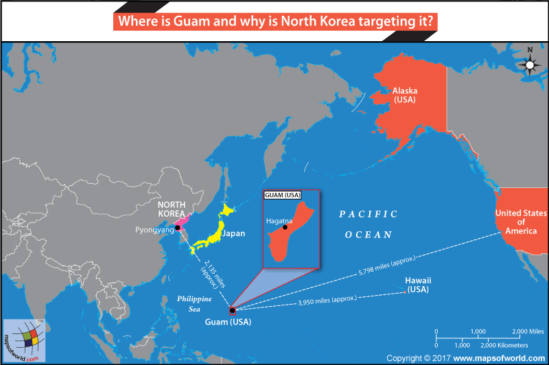 Map highlighting location of Guam and showing its distance from North Korea and USA