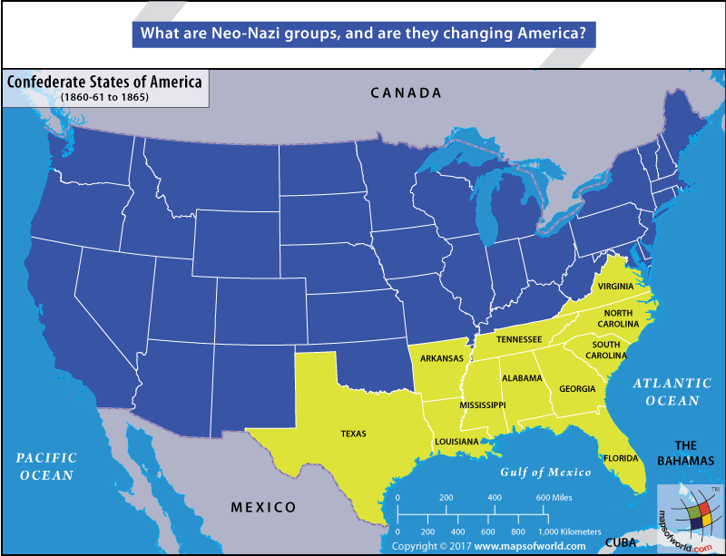 Map of USA highlighting the Confederate states