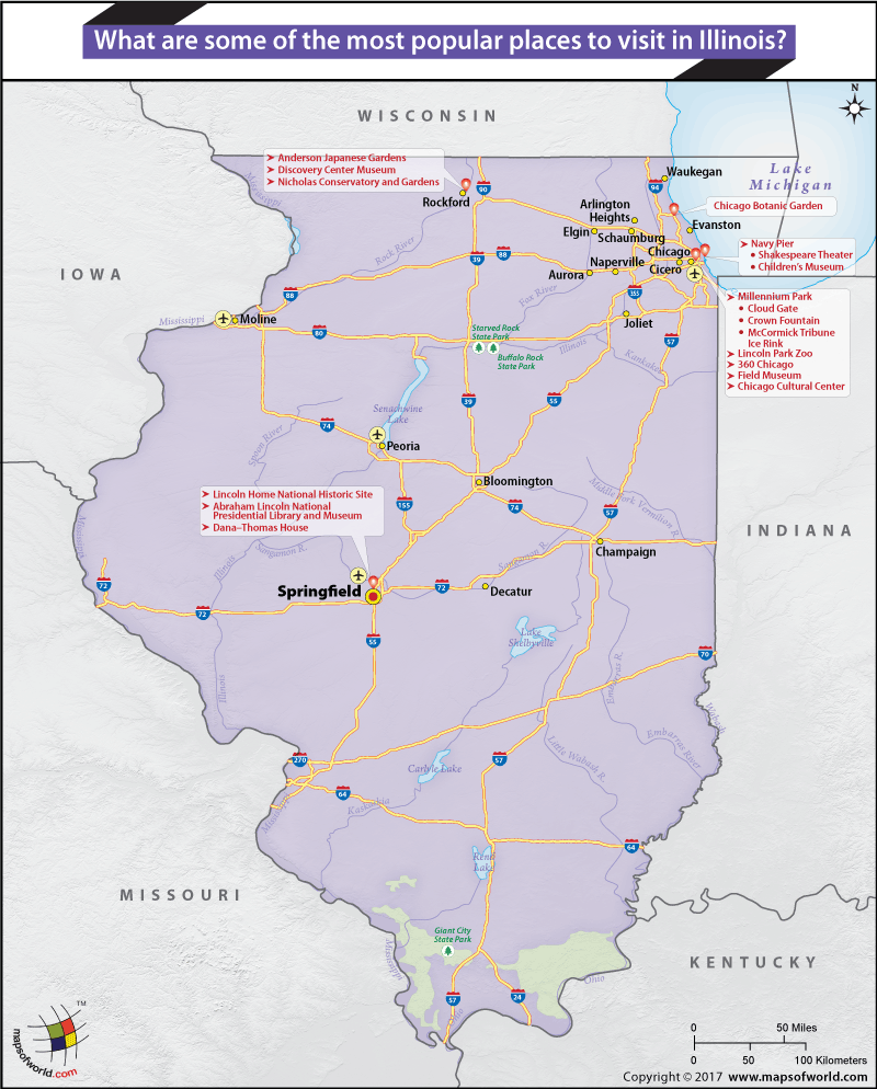 Illinois map showing some of the most popular places to visit in the state