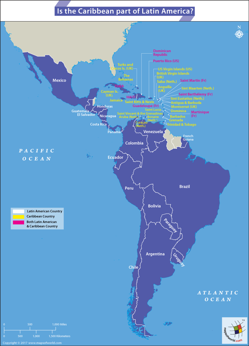 Map of Caribbean, Central and South America