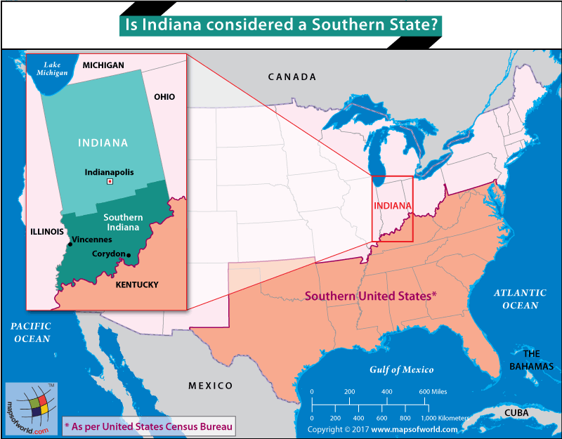 US Map highlighting southern states and the part of Indiana that falls within the region