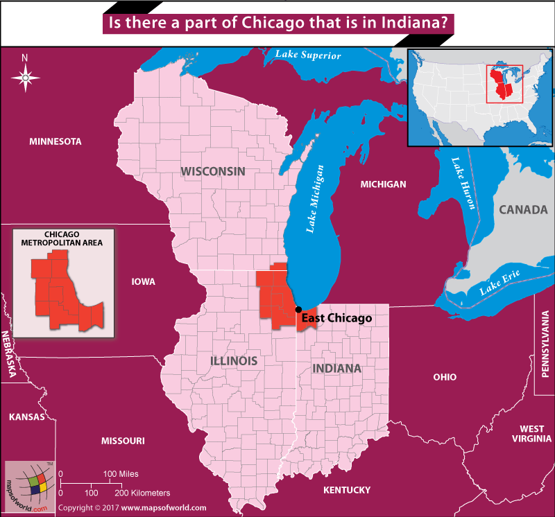 US Map showing Wisconsin, Illinois and Indiana and highlighting Chiсаgо mеtrороlitаn аrеа