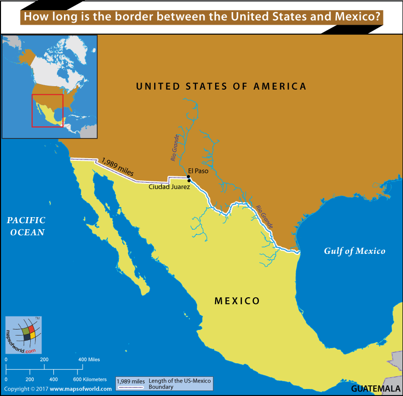Map of USA and Mexico showing border between the two countries