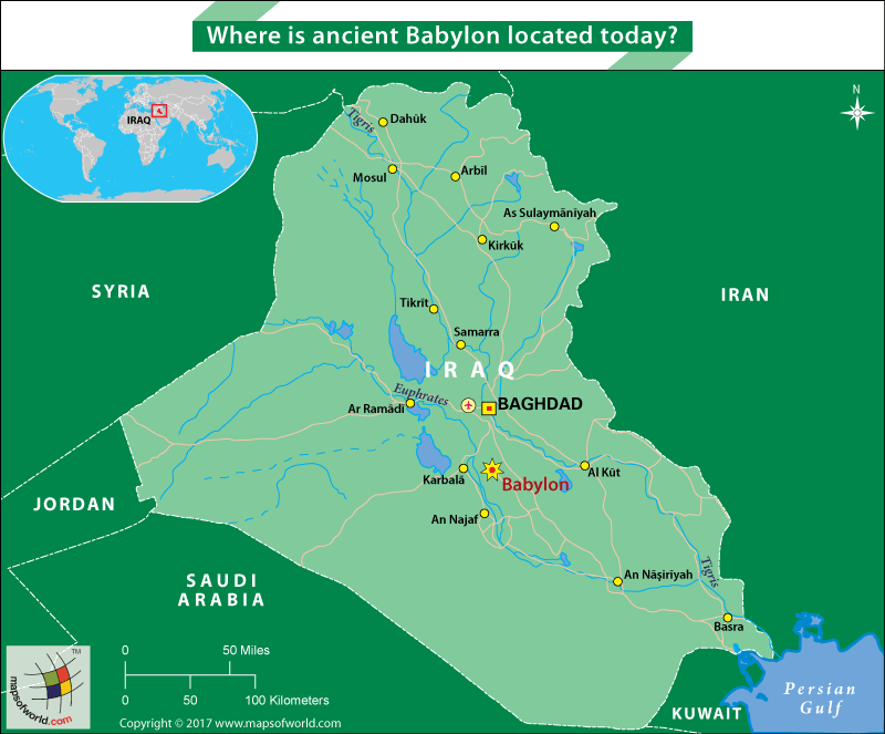 Map of Iraq highlighting the location of ancient Babylon
