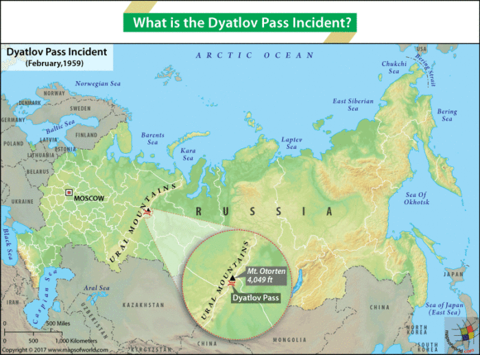 Map of Russia highlighting location of Dyatlov Pass in Ural mountains