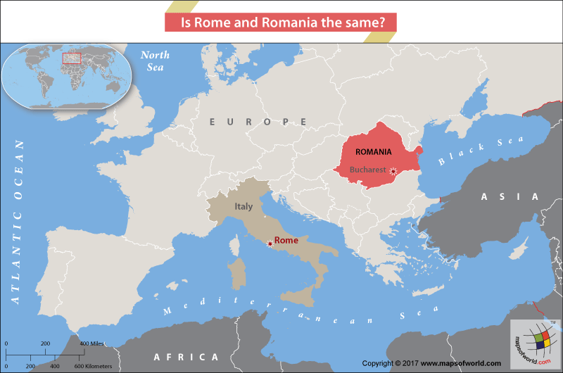Map of Europe highlighting city of Rome in Italy and the country Romania