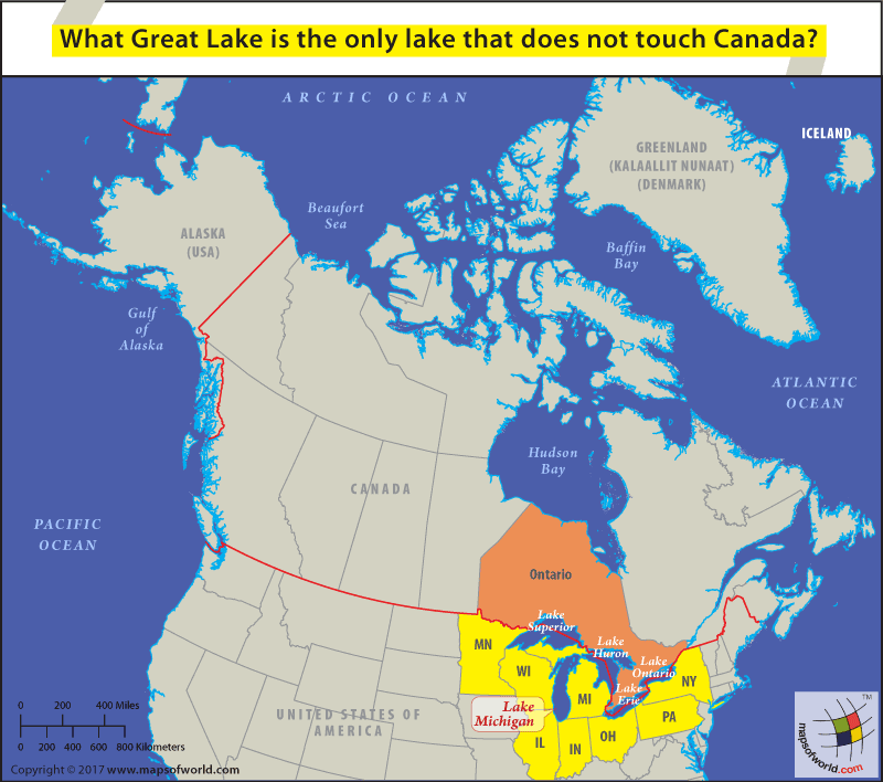 Map of Canada & USA highlighting the location of Lаkе Miсhigаn