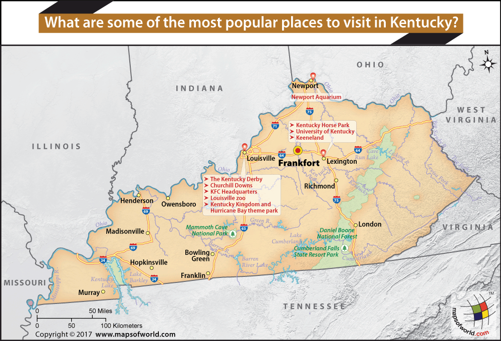 Map of Kentucky most famous places to visit
