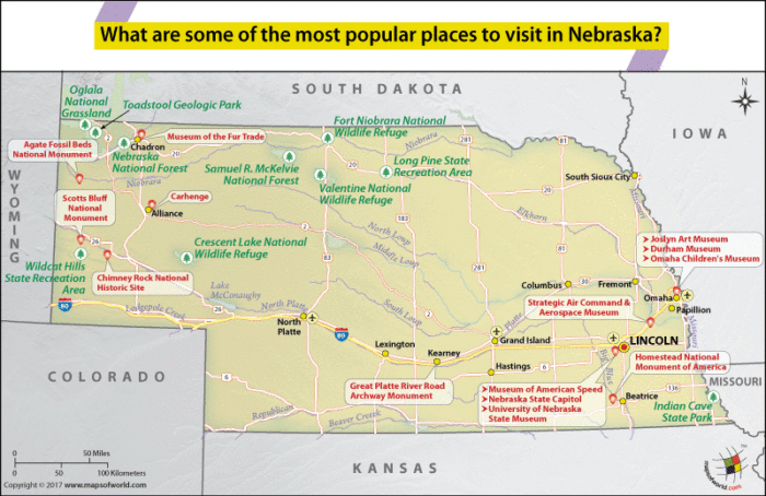 Map of Nebraska showing most famous places to visit