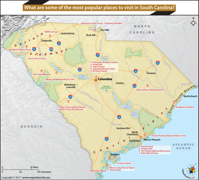 Map of South Carolina most famous places to visit